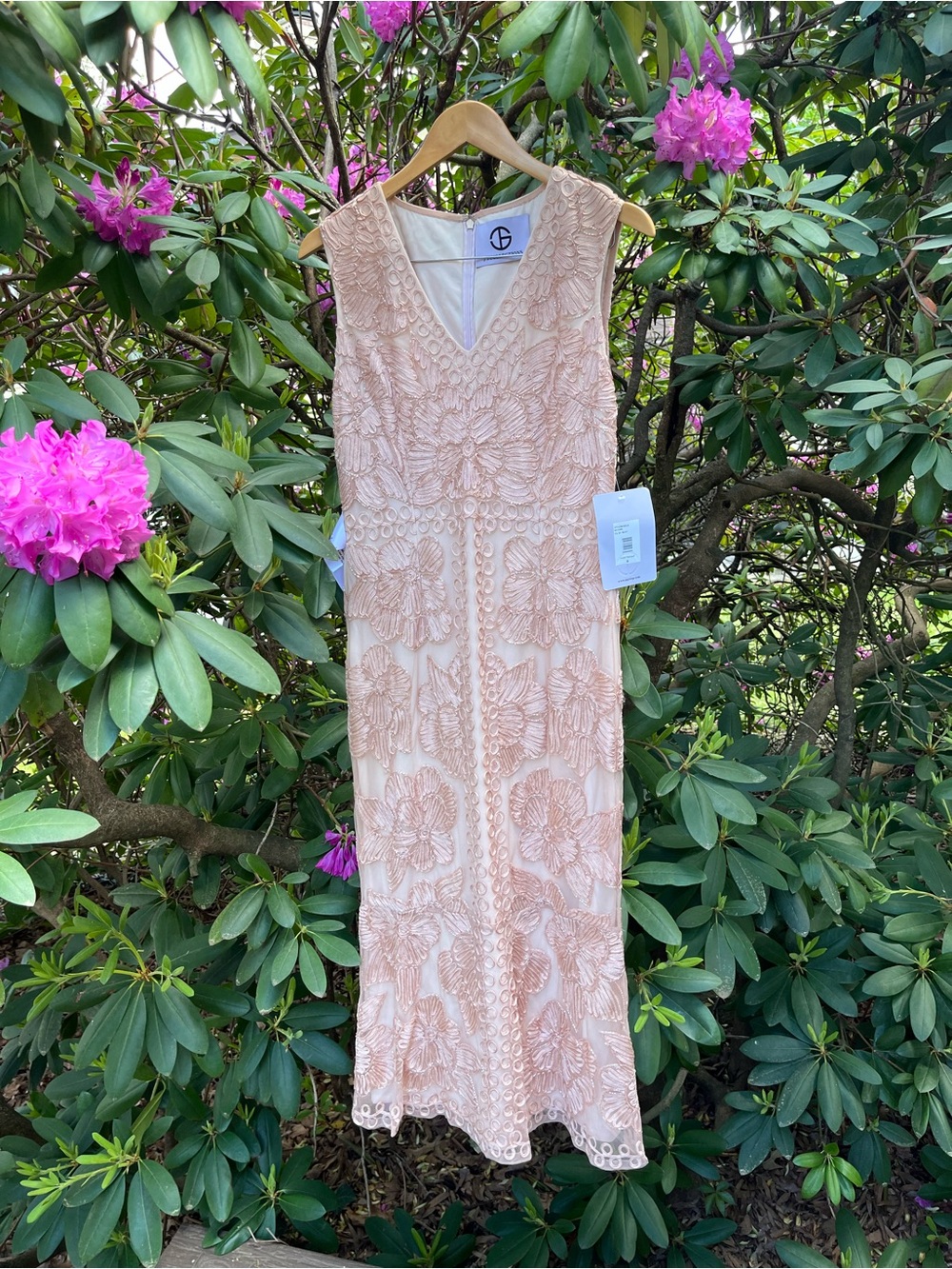 JS collections Blush Soutache Beaded Tea Length Gown. Mermaid flair 6 NWT